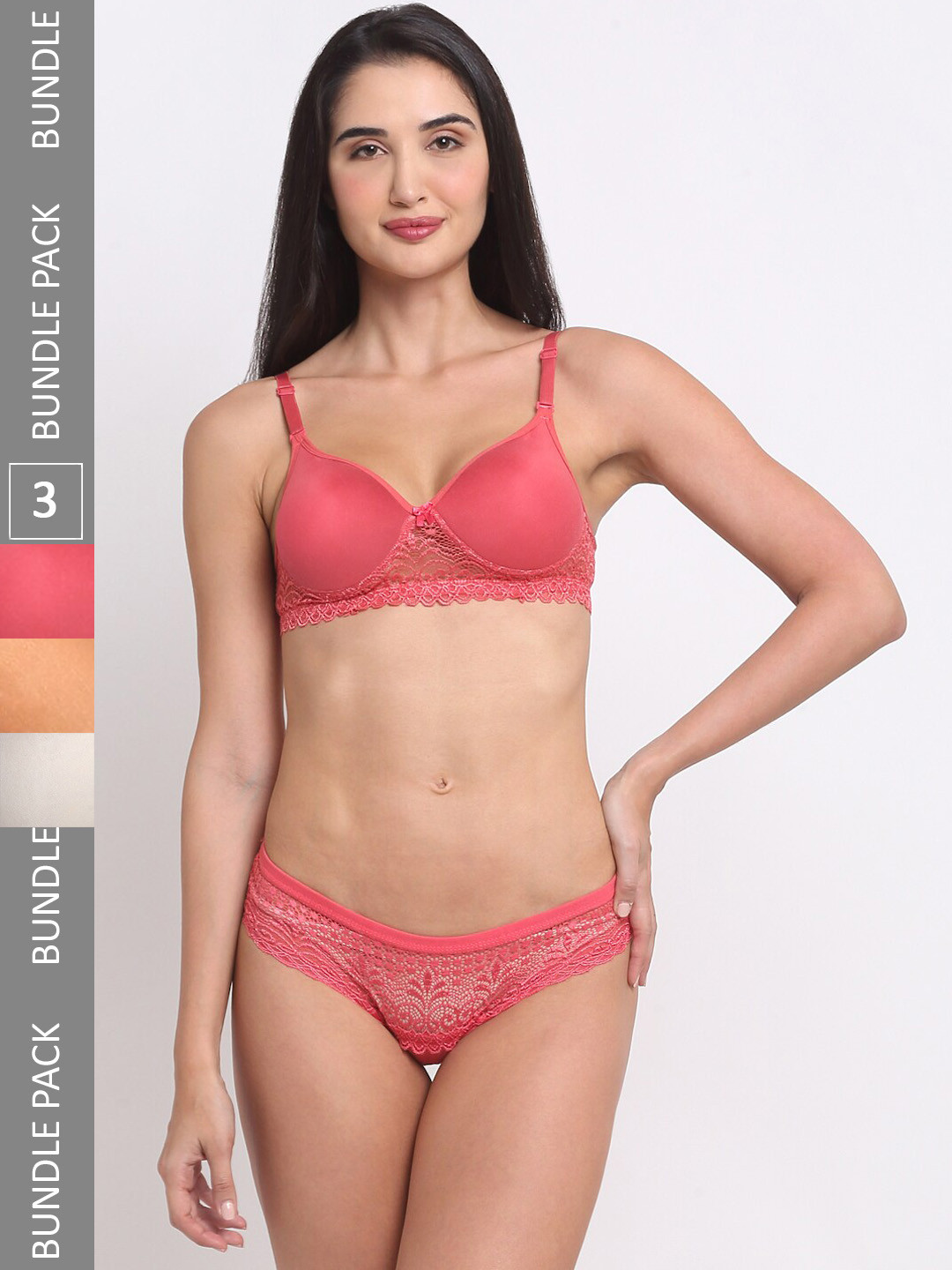 

Ennoble Pack Of 3 Laced Lingerie Set, Pink