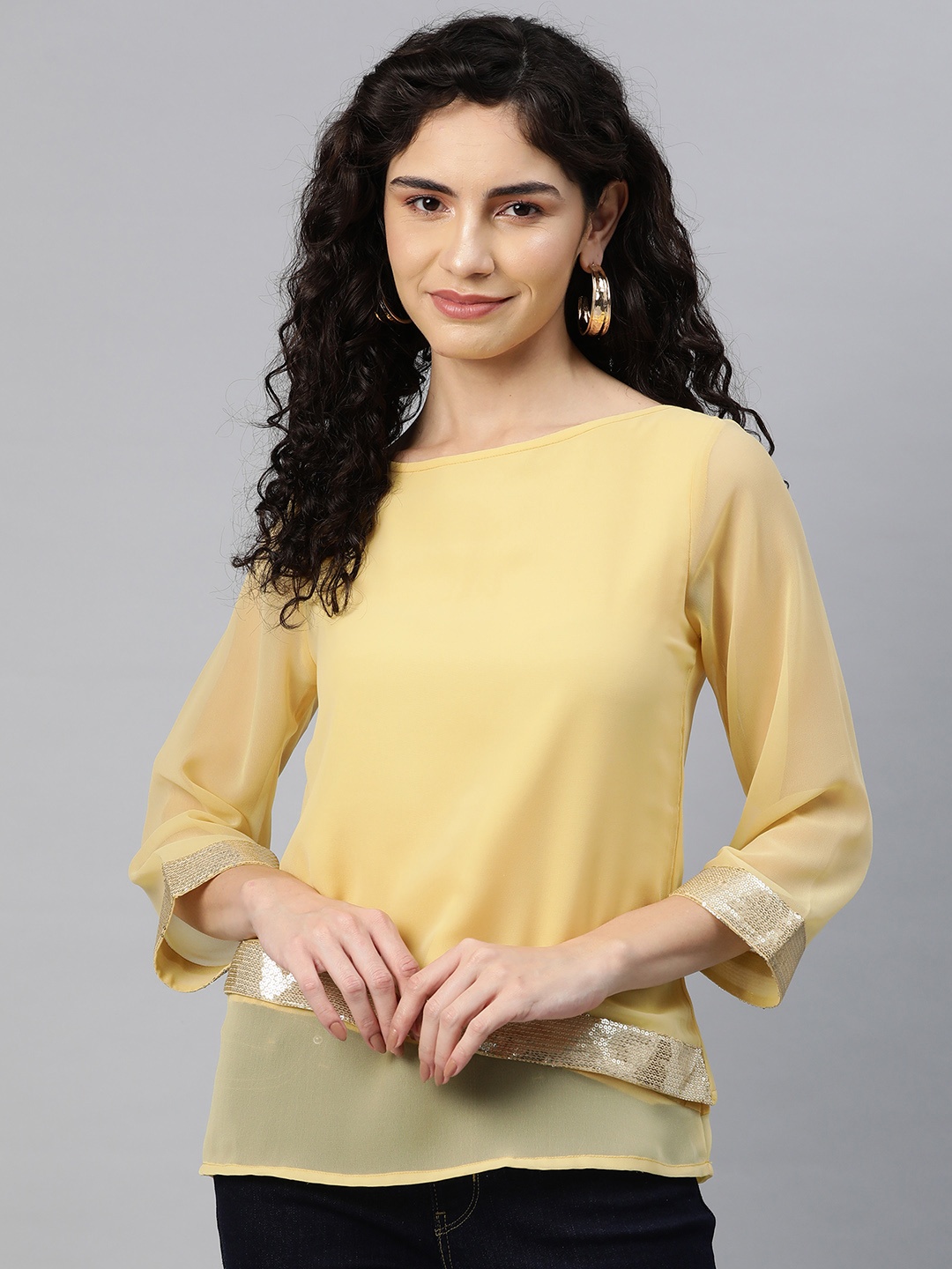 

Cottinfab Sequinned Embellished Cotton Georgette Top, Yellow