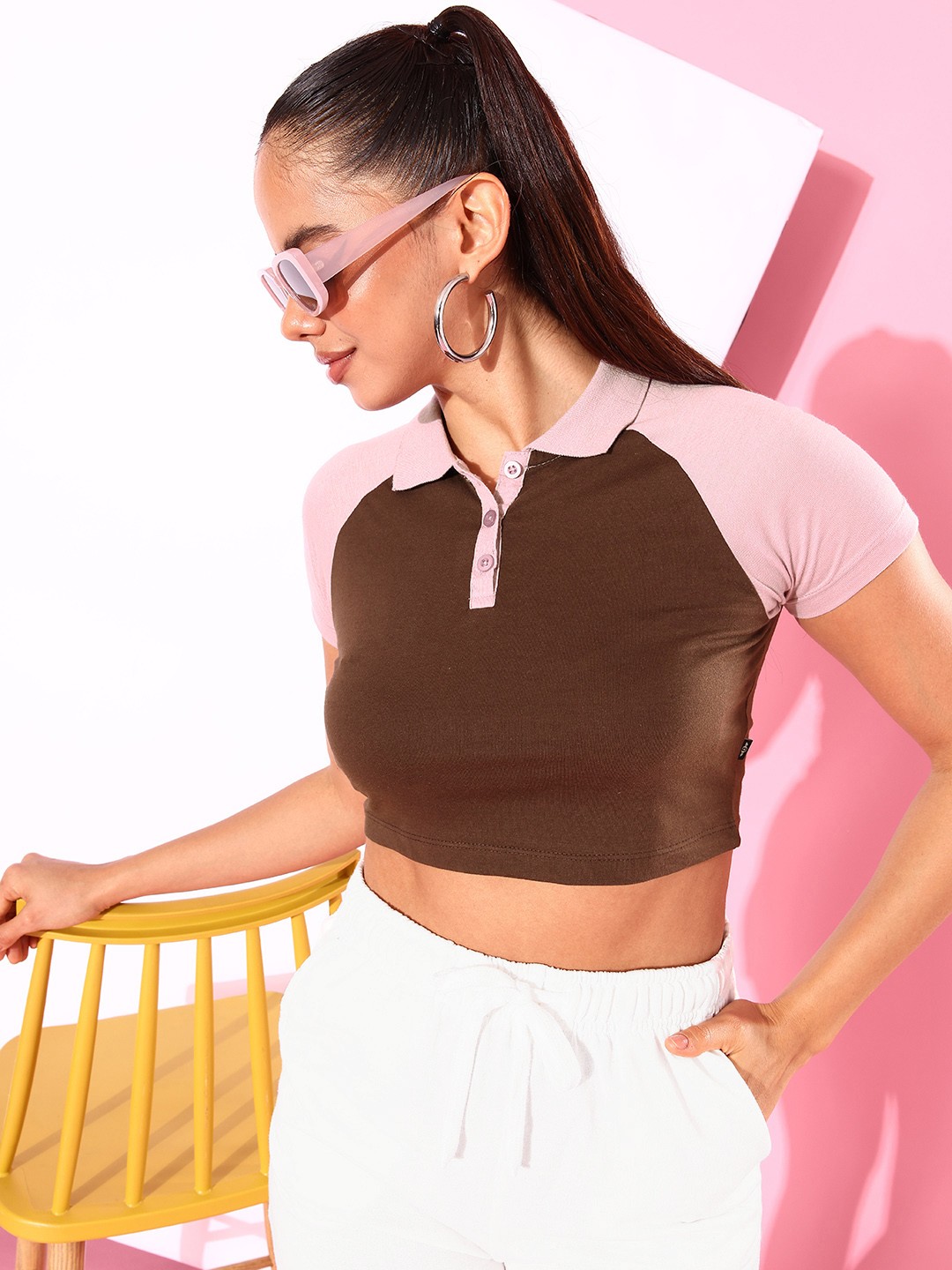 

The Roadster Life Co. Solid Polo Collar Crop T-shirt, Brown