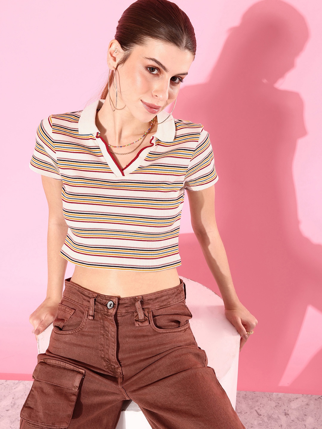 

The Roadster Life Co. Striped Polo Collar Crop T-shirt, Multi