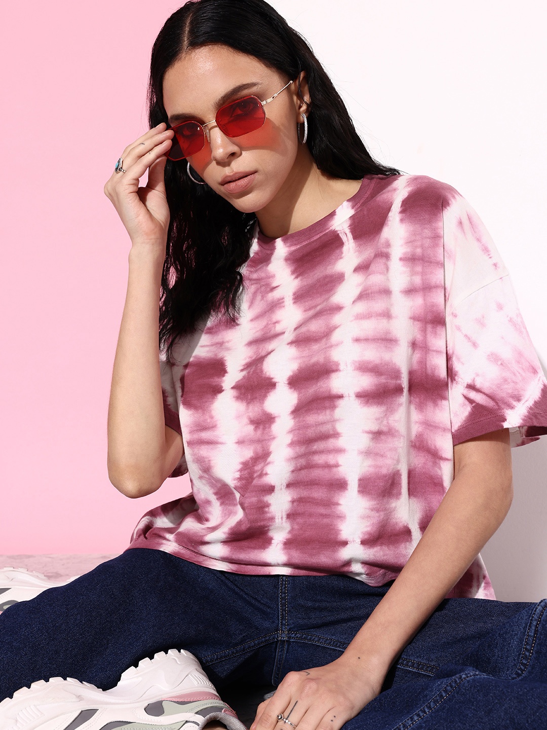 

The Roadster Life Co. Tie and Dye Printed Pure Cotton Casual T-shirt, Pink