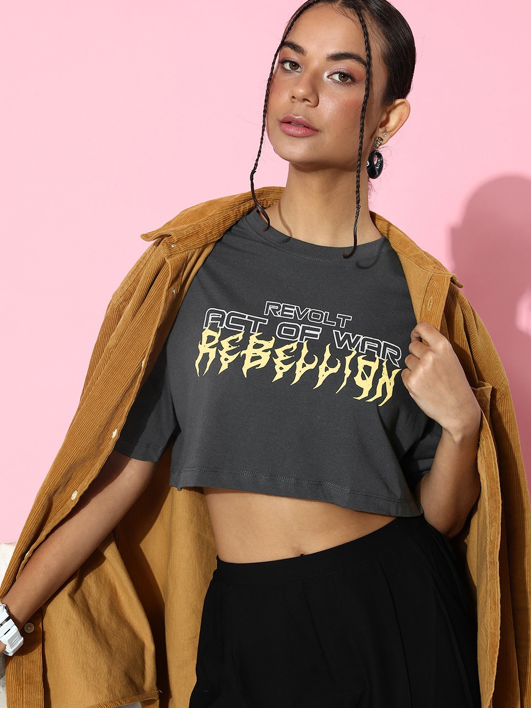 

The Roadster Life Co. September-Hello Monsoon-Hyper Graphics Crop T-shirt, Charcoal