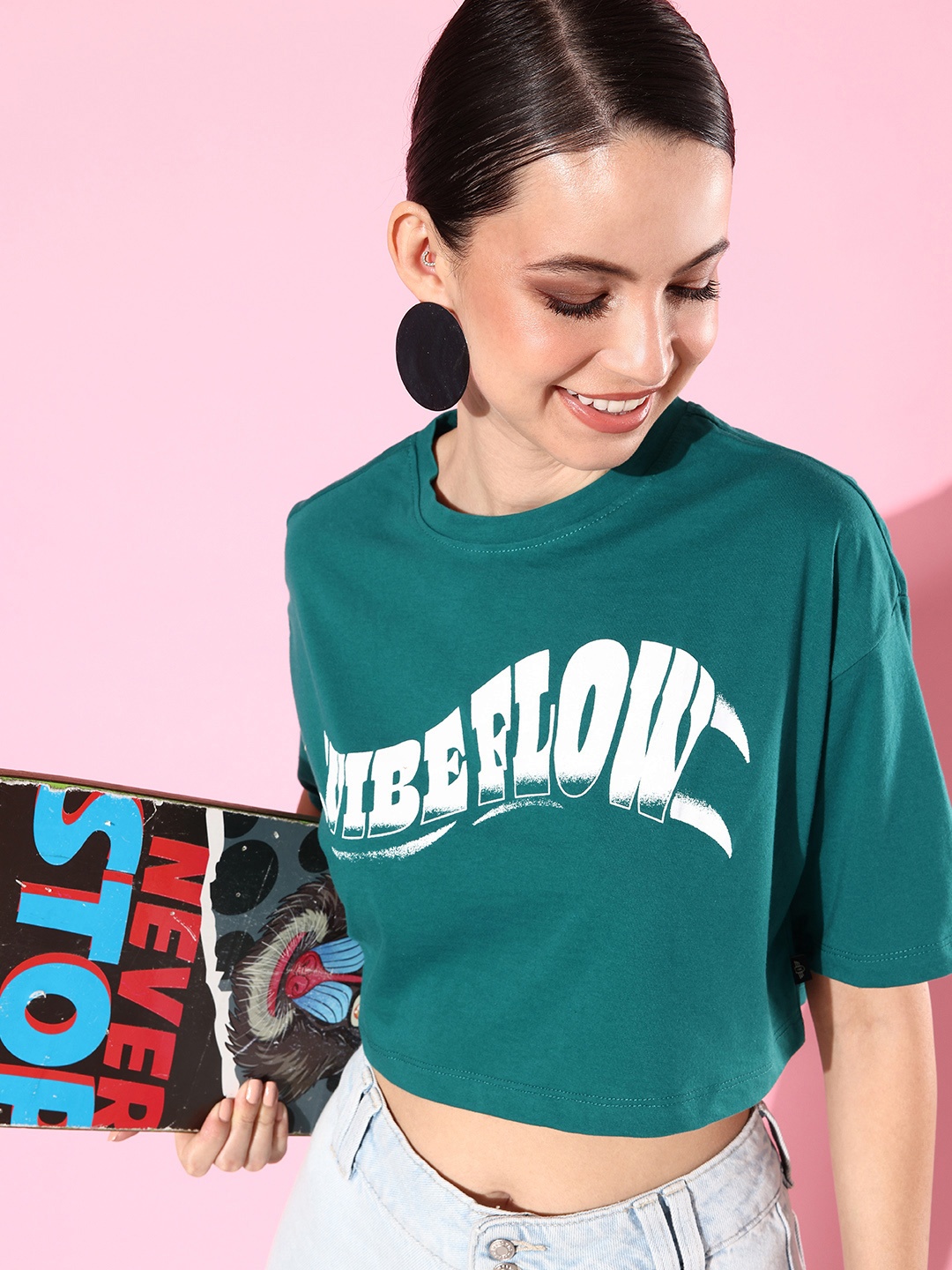 

The Roadster Life Co. Typography Printed Drop-Shoulder Sleeves Crop T-shirt, Teal