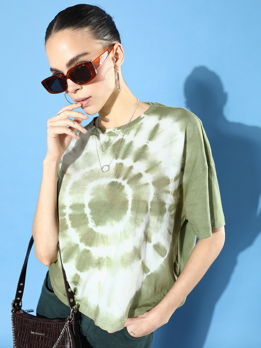 

The Roadster Life Co. Tie and Dye Printed Drop-Shoulder Sleeves Pure Cotton T-shirt, Olive