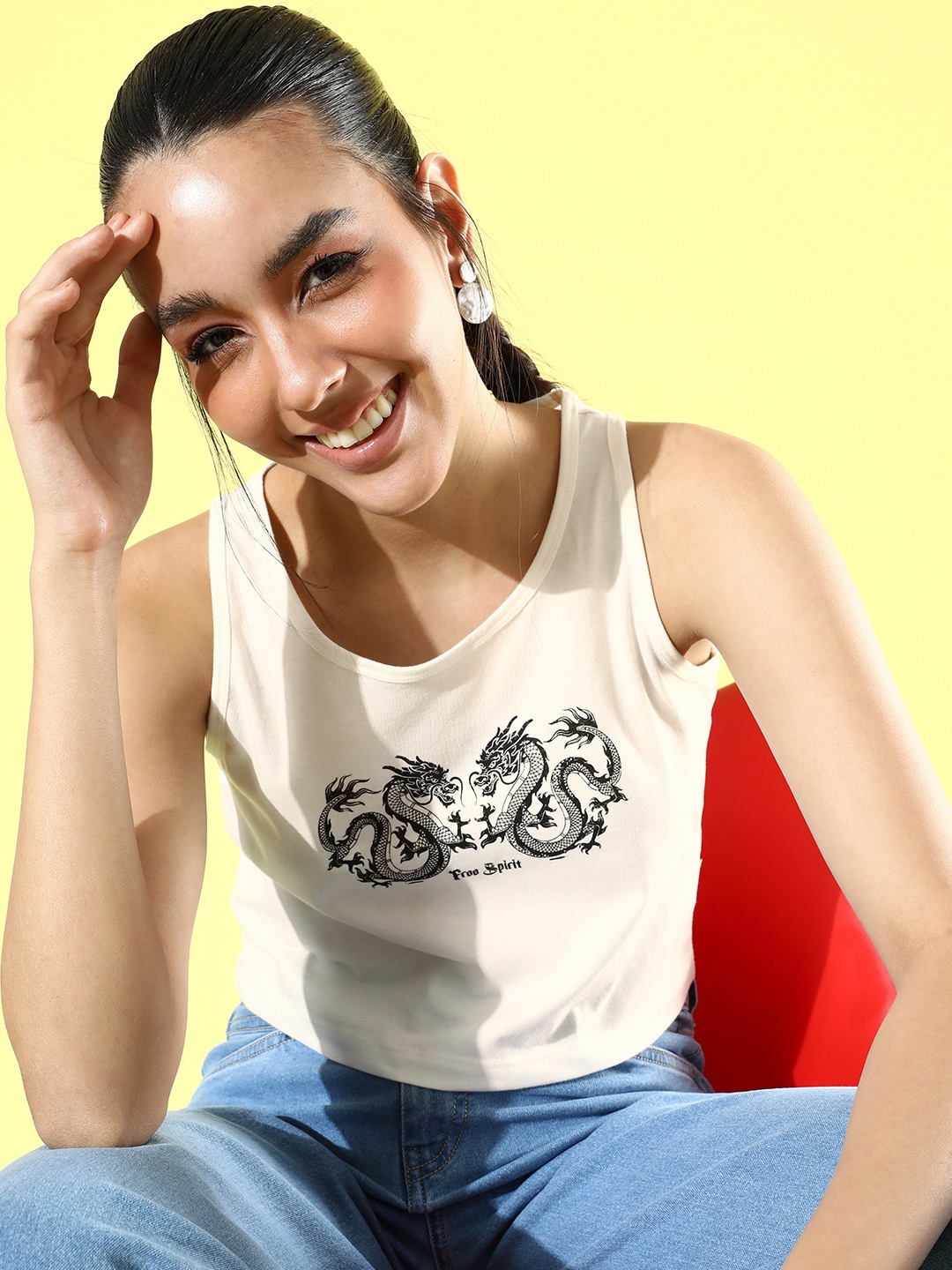 

The Roadster Life Co. Graphic Printed Sleeveless Cropped T-shirt, White