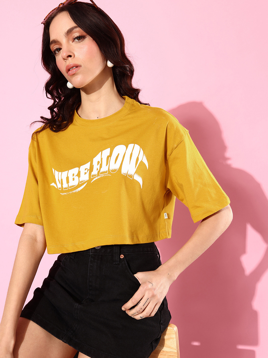 

The Roadster Lifestyle Co. Typography Printed Pure Cotton Crop T-shirt, Mustard