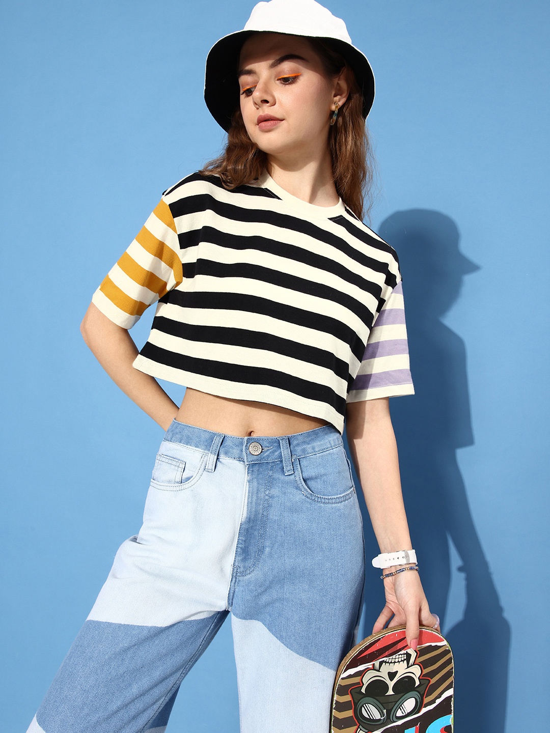 

The Roadster Life Co. Striped Drop-Shoulder Sleeves Boxy Fit Crop T-shirt, White