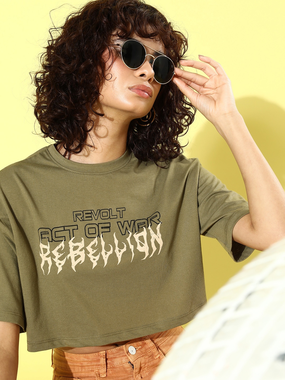 

The Roadster Life Co. Typography Printed Drop-Shoulder Sleeves Cropped T-shirt, Olive