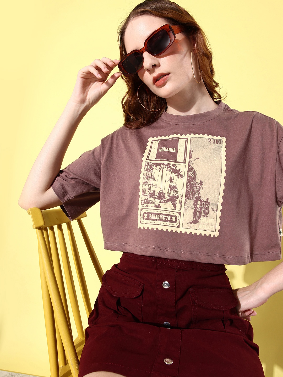 

The Roadster Lifestyle Co. Printed Extended Sleeves Crop Boxy T-shirt, Mauve