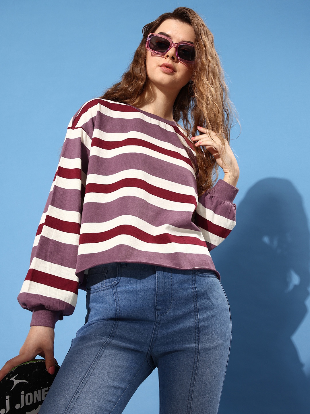 

The Roadster Life Co. Striped Drop-Shoulder Sleeves Oversized T-shirt, Purple