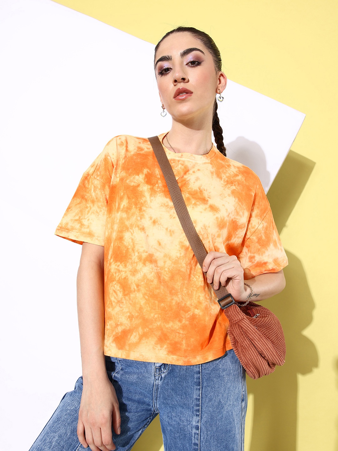 

The Roadster Life Co. Tie and Dye Drop-Shoulder Pure Cotton T-shirt, Yellow