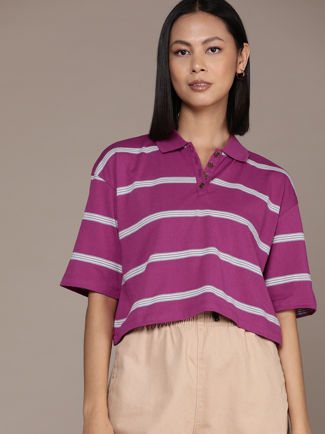 

The Roadster Lifestyle Co. Striped Polo Collar Cropped Boxy T-shirt, Magenta