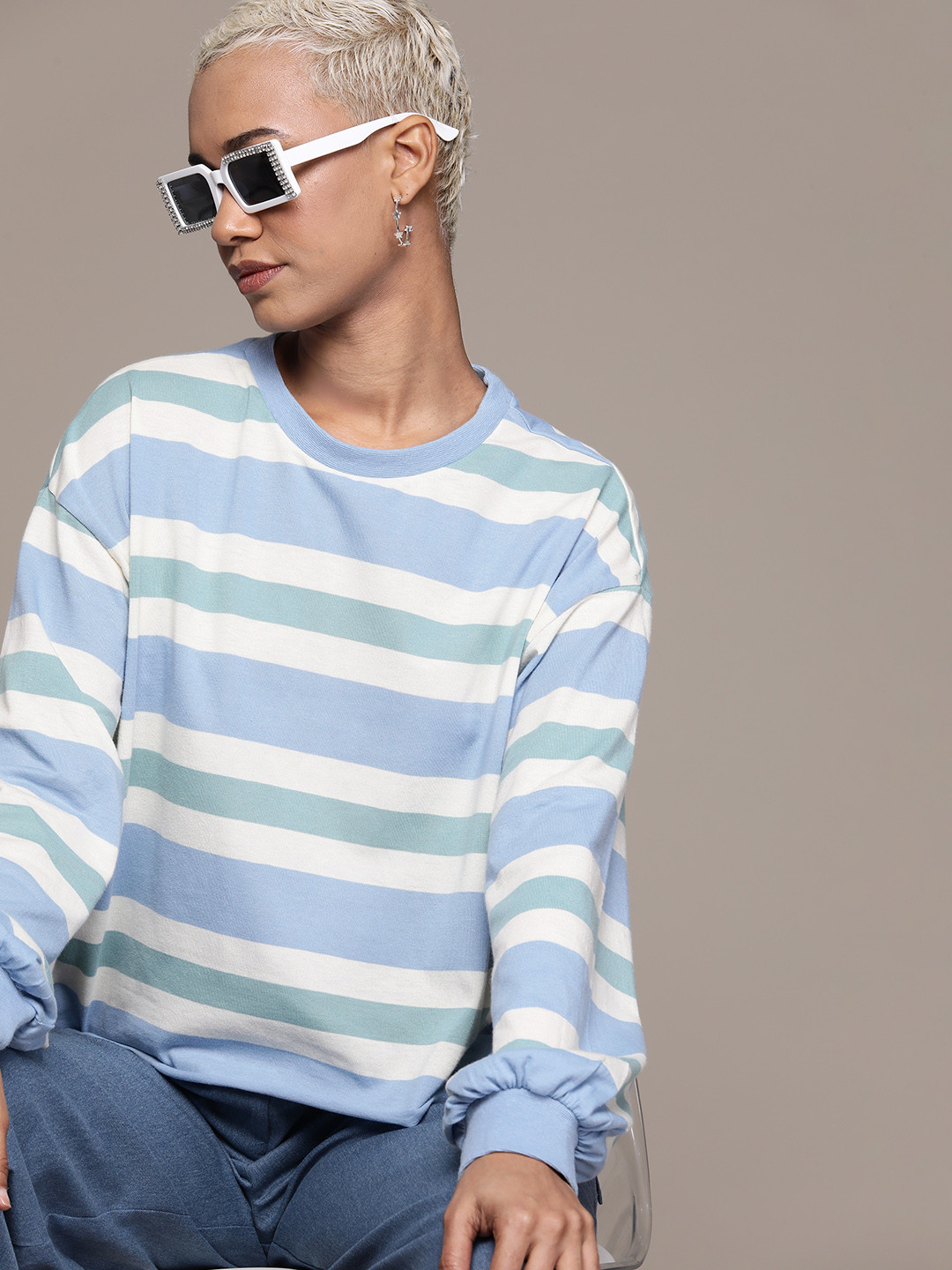 

The Roadster Lifestyle Co. Striped Drop-Shoulder Puff Sleeves T-shirt, Off white
