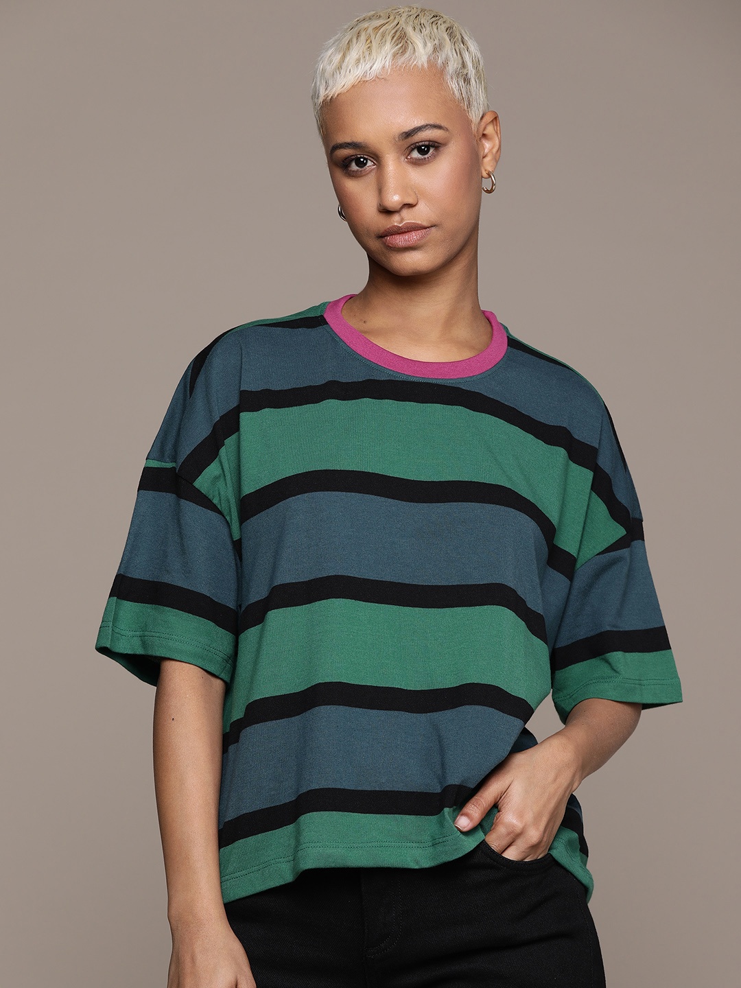 

The Roadster Lifestyle Co. Striped Pure Cotton Oversized T-shirt, Green