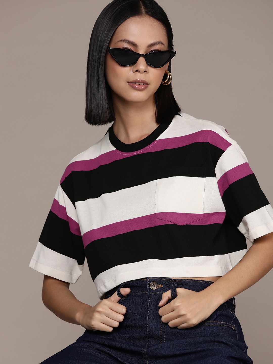 

The Roadster Lifestyle Co. Striped Pocket Cropped Boxy T-shirt, Off white