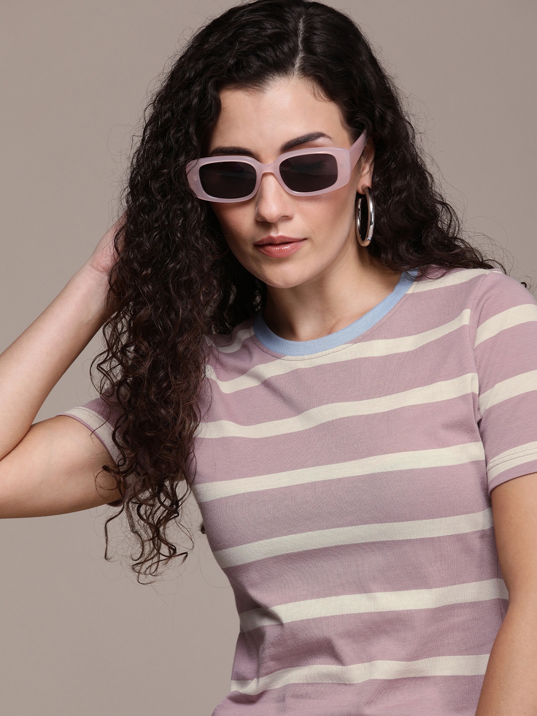 

The Roadster Life Co. Striped Slim Fit Round Neck T-shirt, Lavender