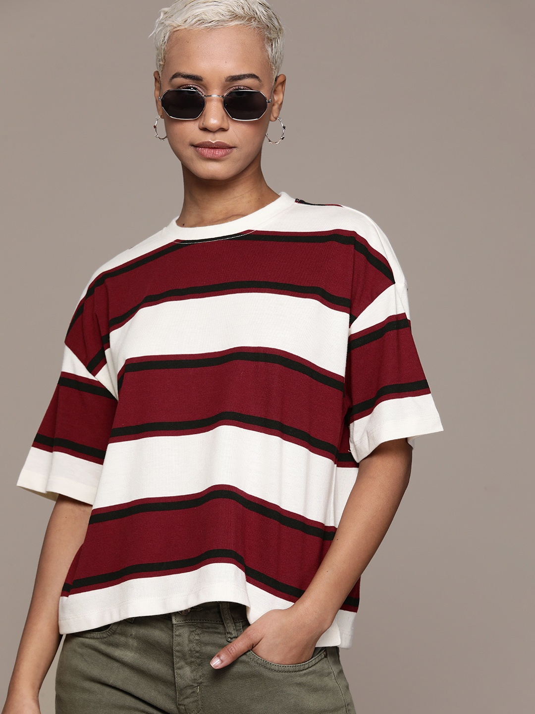 

The Roadster Lifestyle Co. Striped Drop-Shoulder Sleeves Boxy T-shirt, White