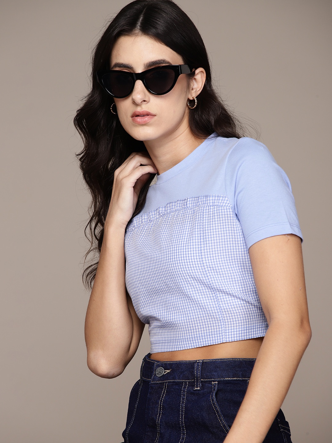 

The Roadster Lifestyle Co. Checked Ruffled Crop T-shirt, Blue