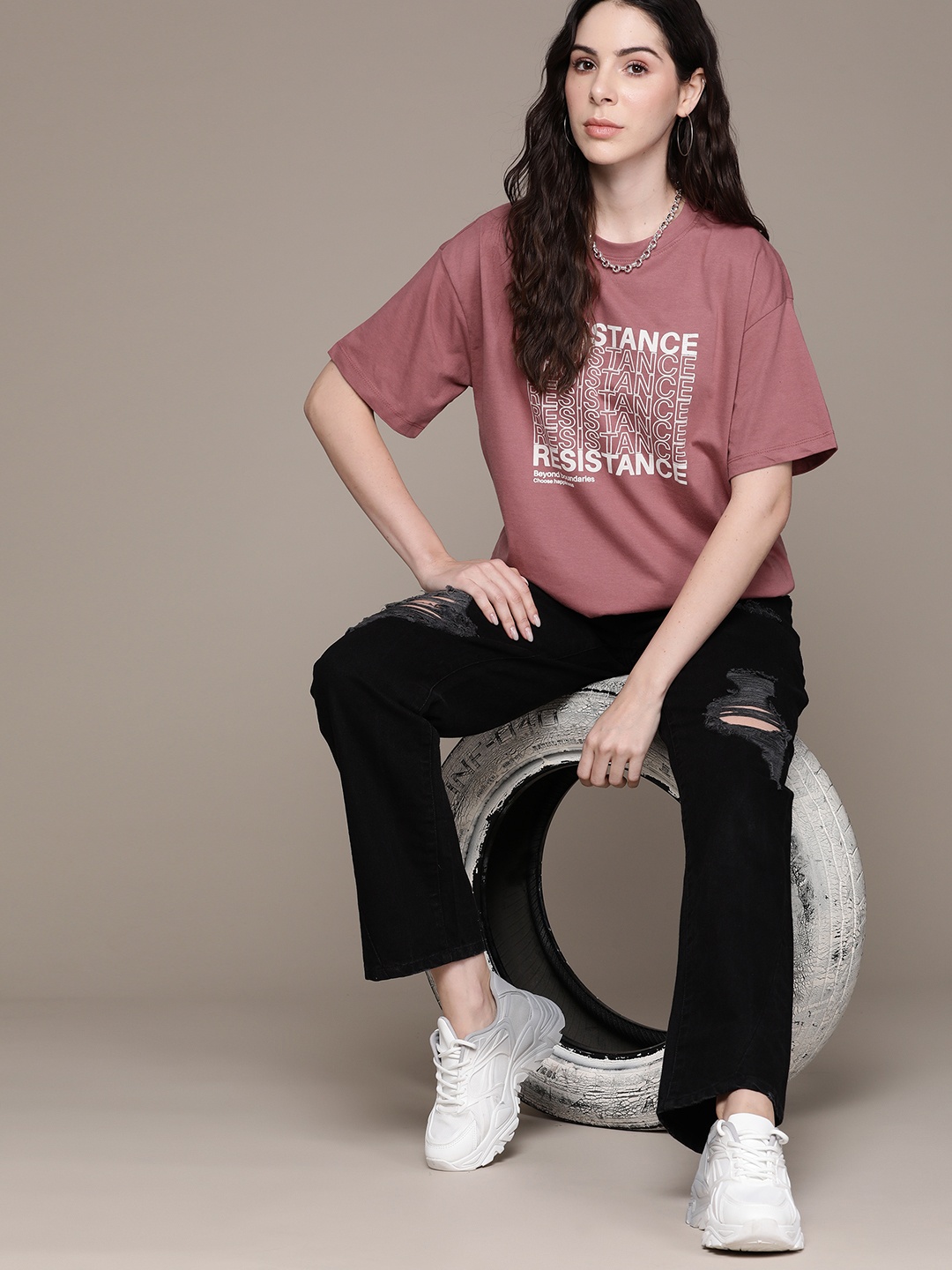 

The Roadster Lifestyle Co. Typography Printed Oversized T-shirt, Rose