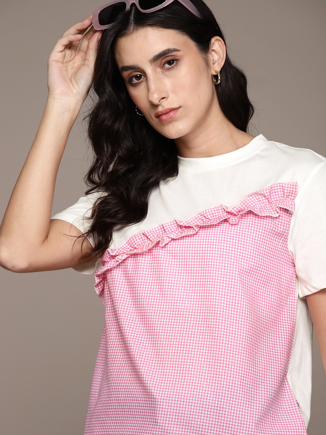 The Roadster Lifestyle Co. Checked Ruffled T-shirt, Pink