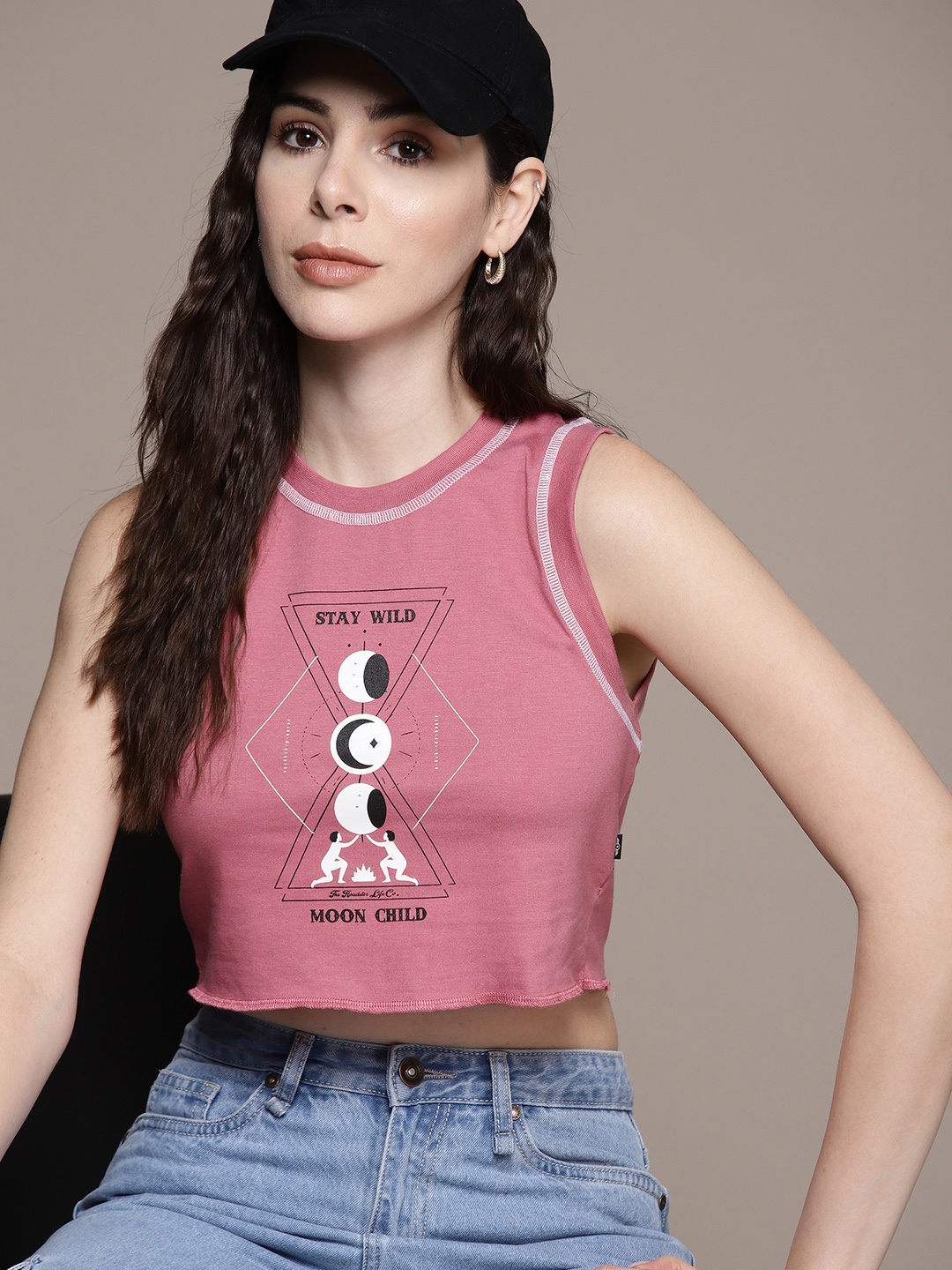 

The Roadster Lifestyle Co. Printed Slim Fit Cropped T-shirt, Rose