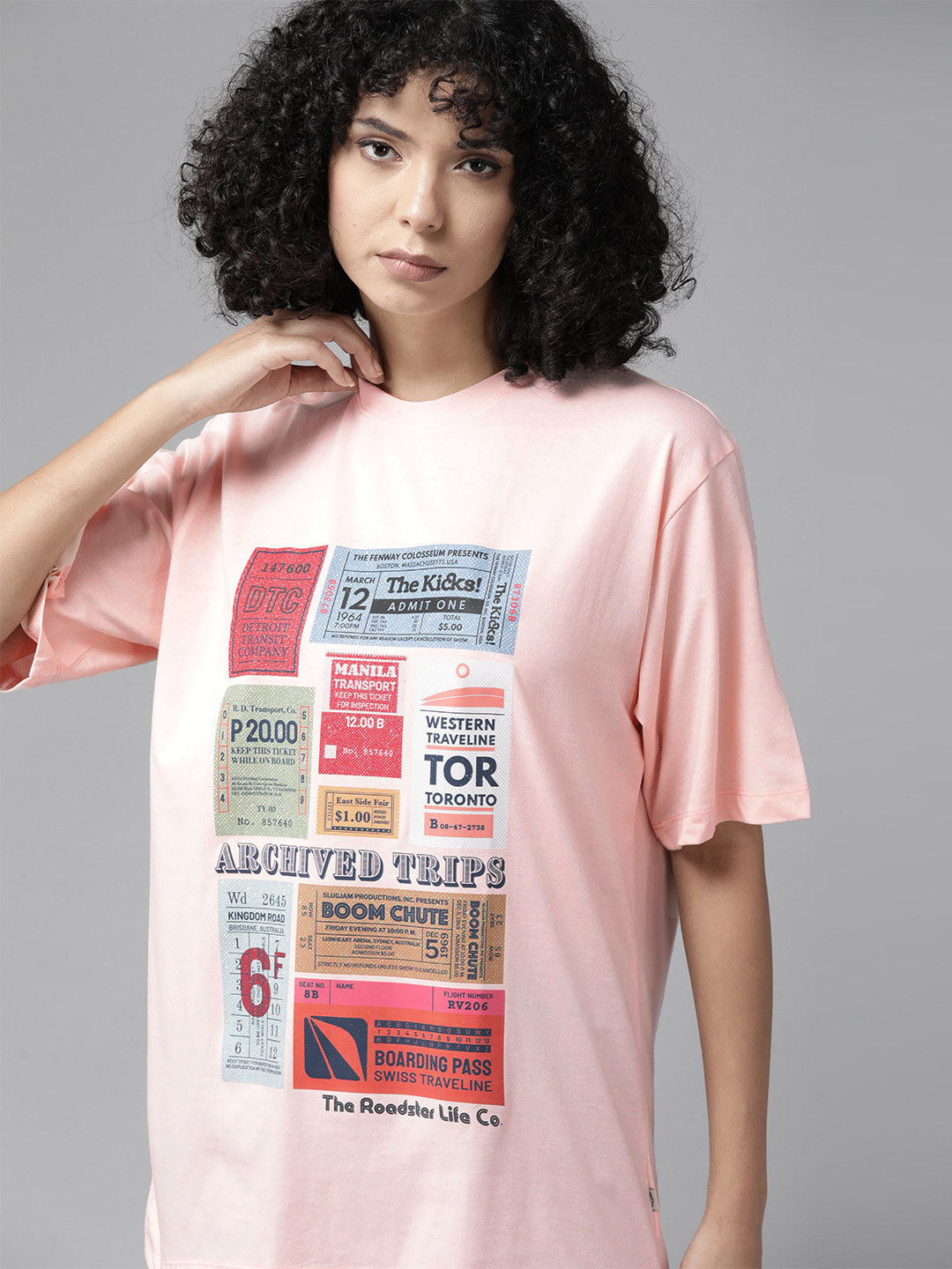 

The Roadster Lifestyle Co. Printed Drop-Shoulder Sleeves Oversized T-shirt, Pink