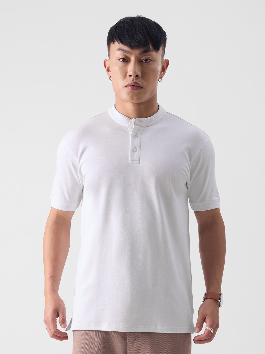 

The Souled Store White Henley Neck Pure Cotton T-shirt