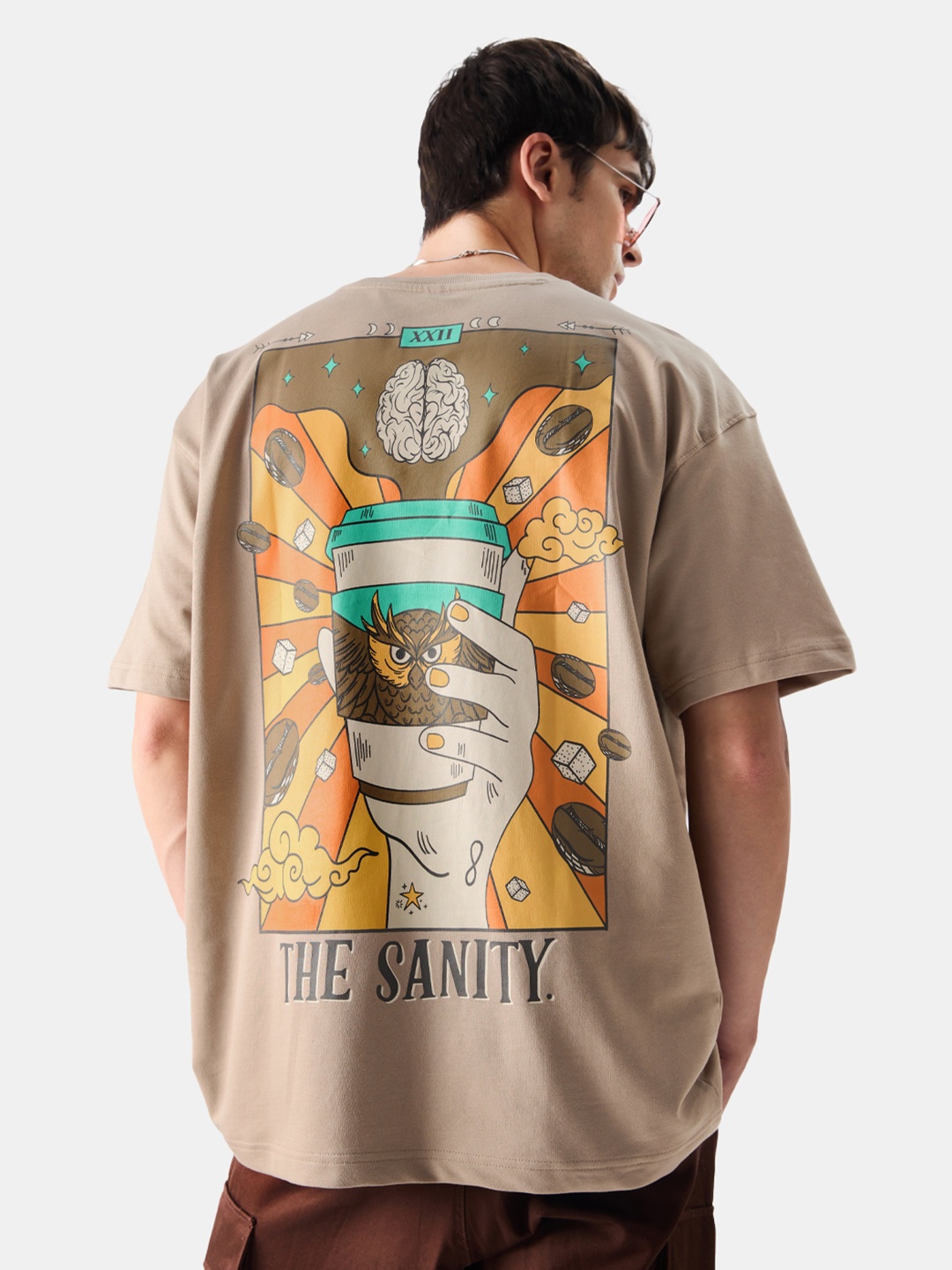 The Souled Store Brown Graphic Printed Pure Cotton Oversized T-shirt