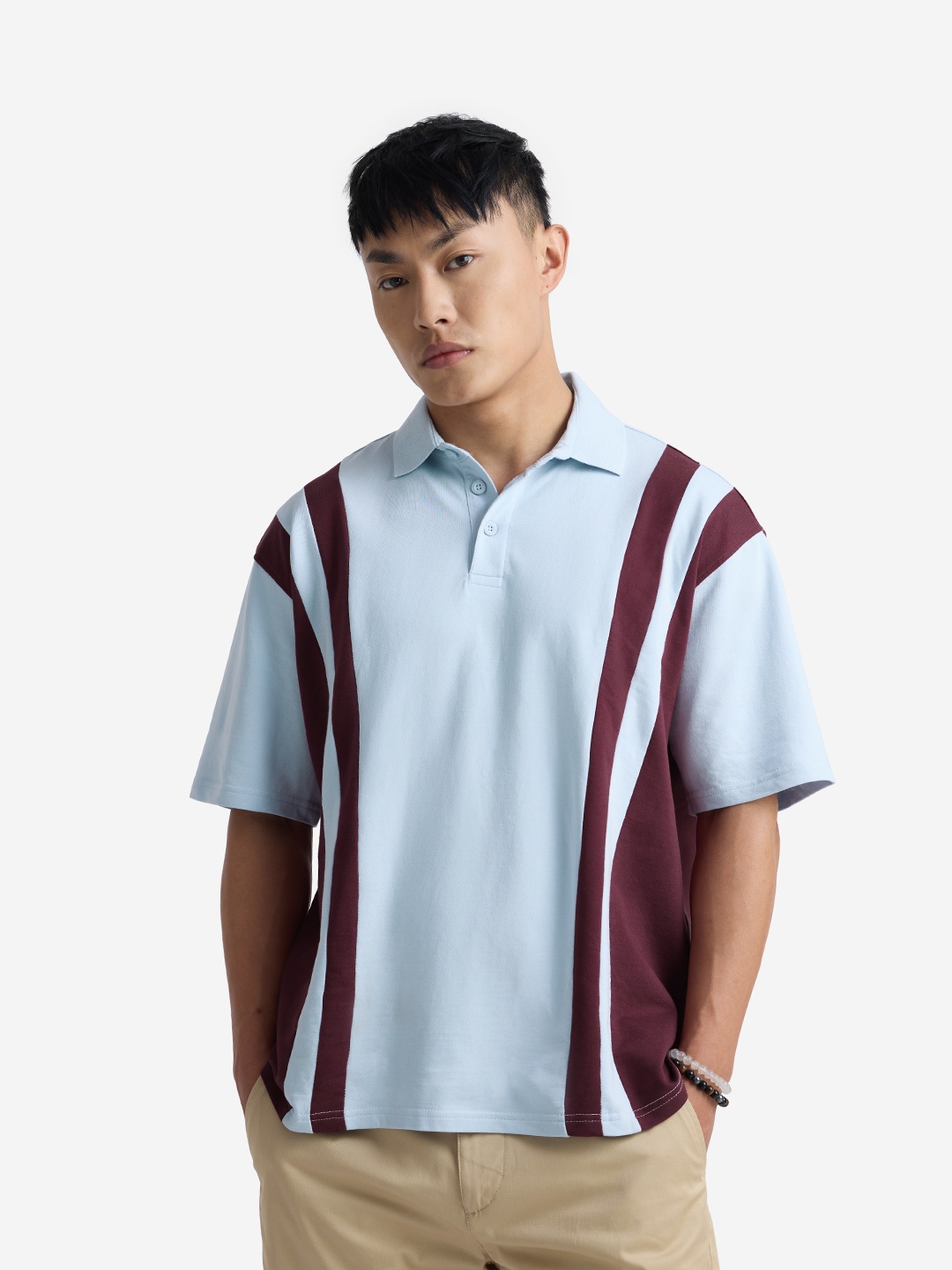 

The Souled Store Blue Striped Polo Collar Pure Cotton T-shirt