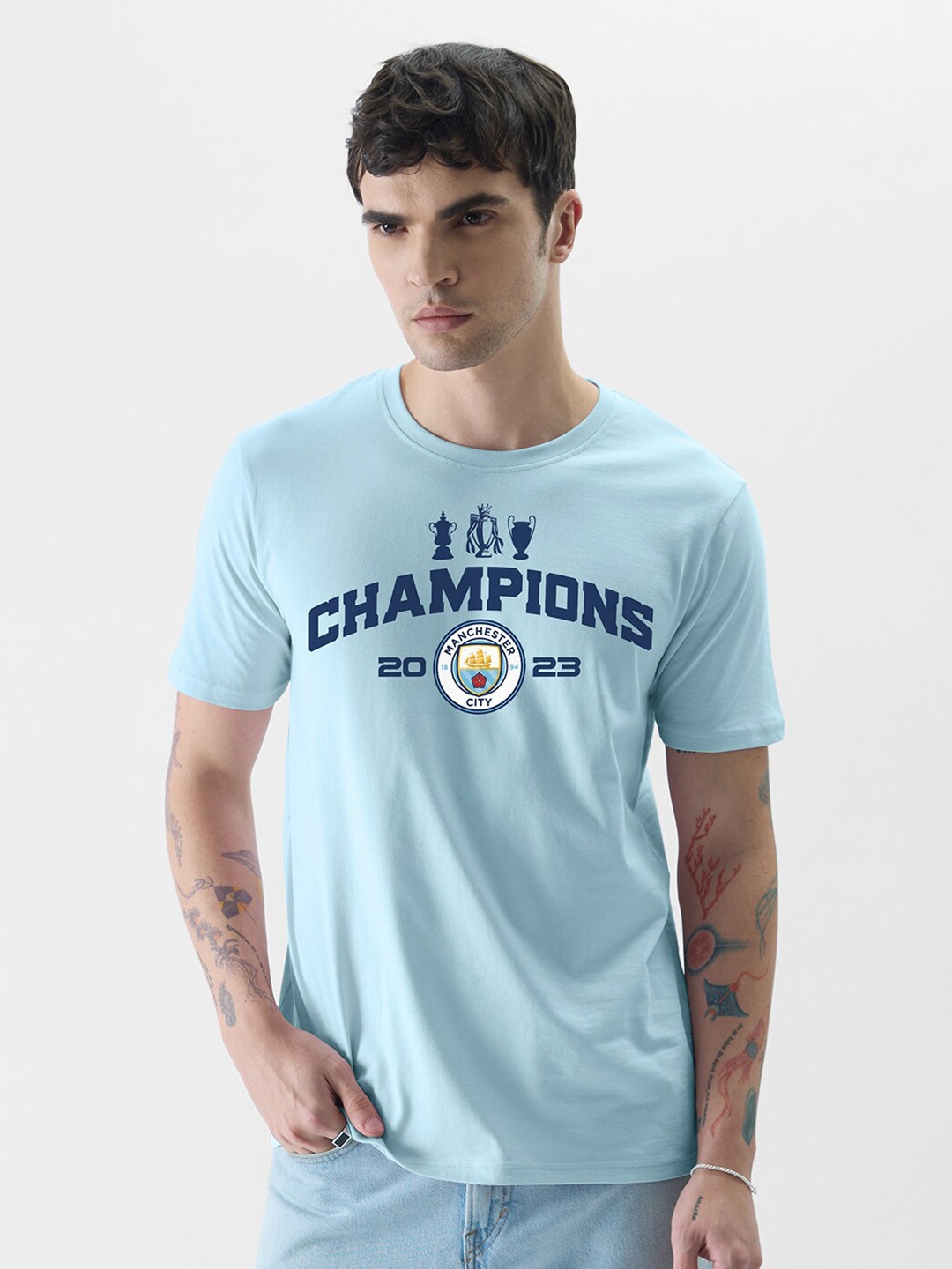 

The Souled Store Blue Typography Printed Pure Cotton T-shirt