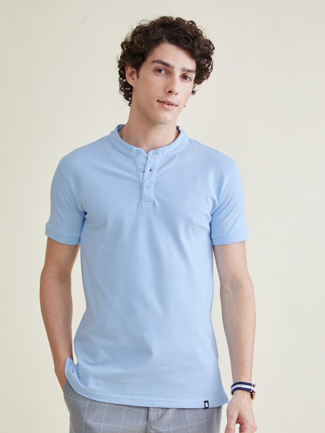 

The Souled Store Blue Henley Neck Pure Cotton T-shirt