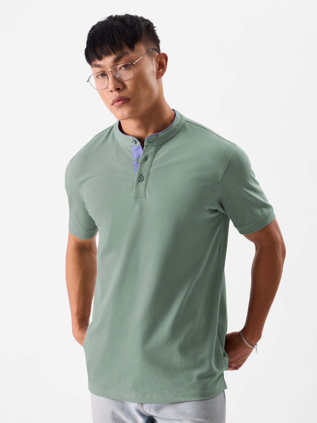 

The Souled Store Green Henley Neck Pure Cotton T-shirt