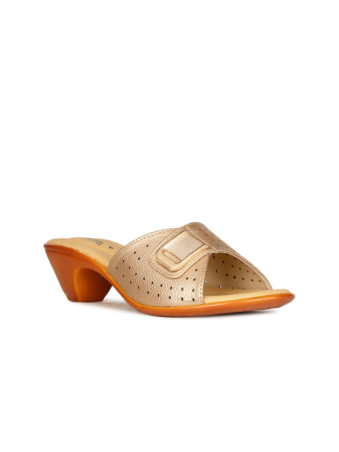 Bata Textured Embellished Open Toe Block Heels, Gold