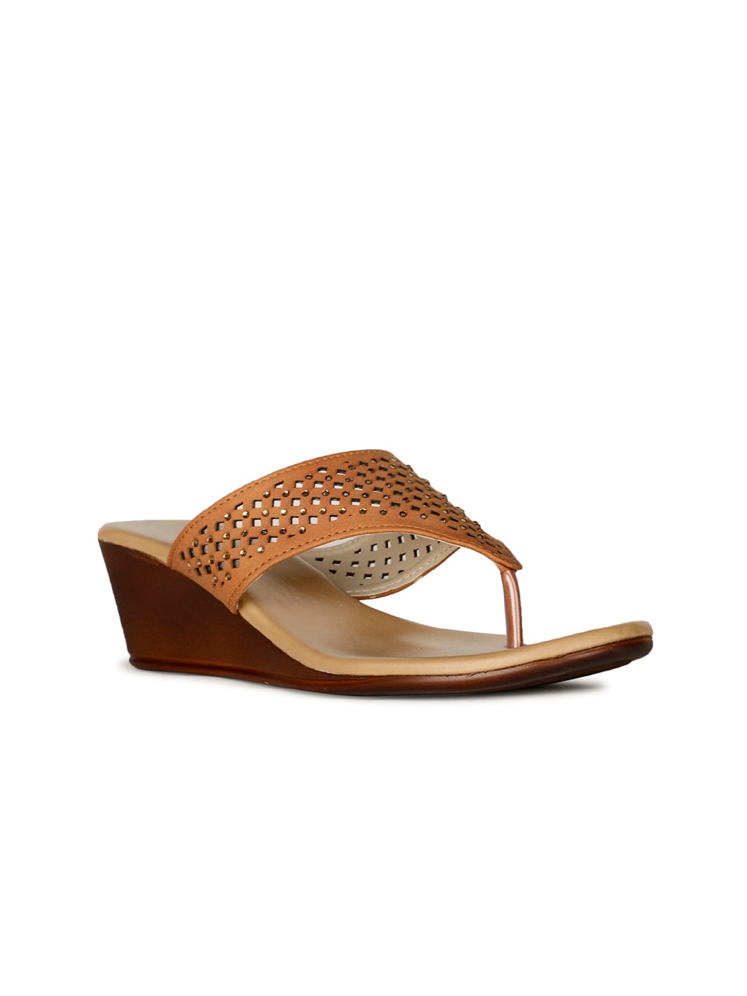 

Bata Textured Open Toe Wedges with Laser Cuts, Tan