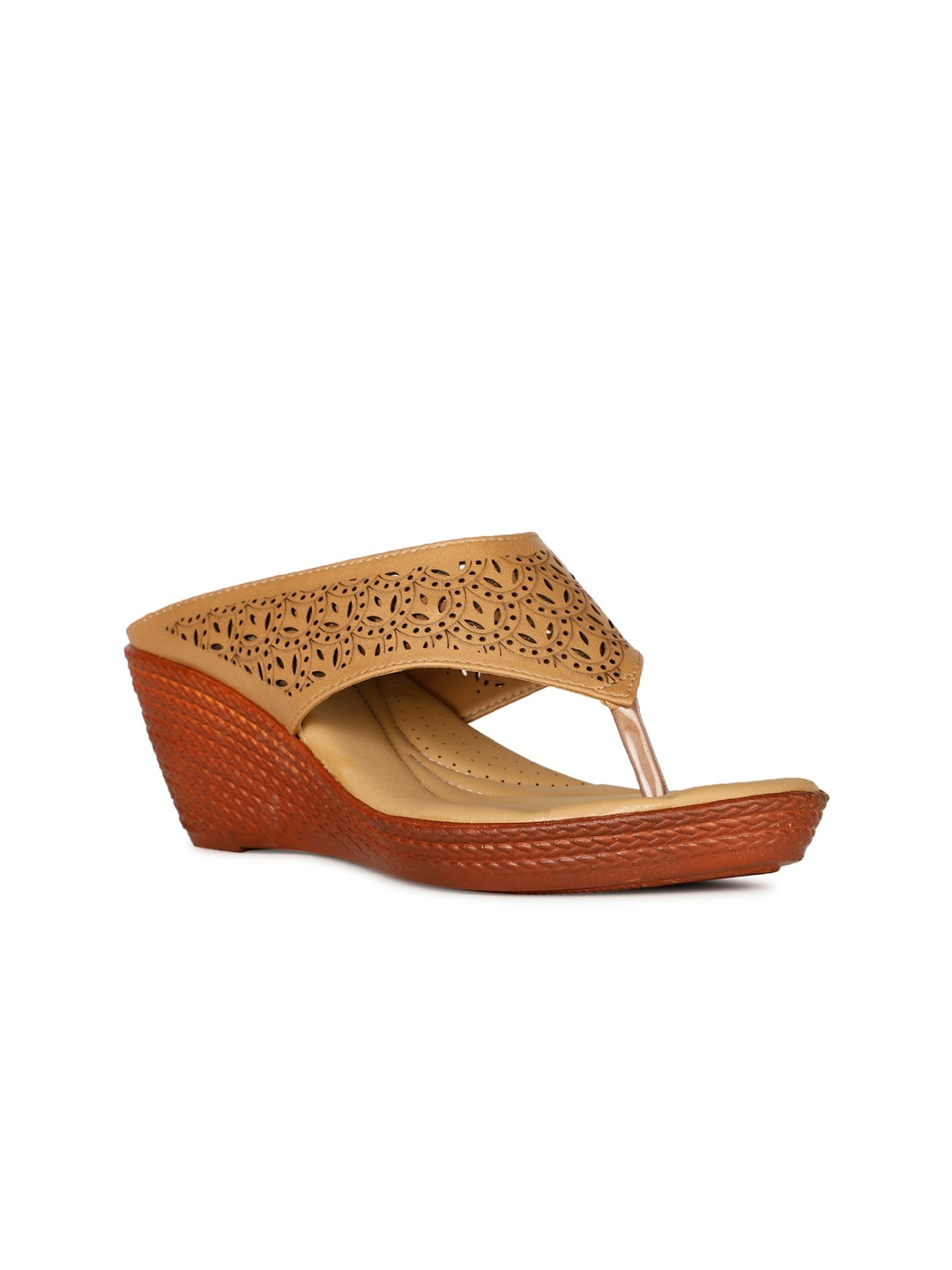 

Bata Textured Open Toe Wedges With Laser Cuts, Tan