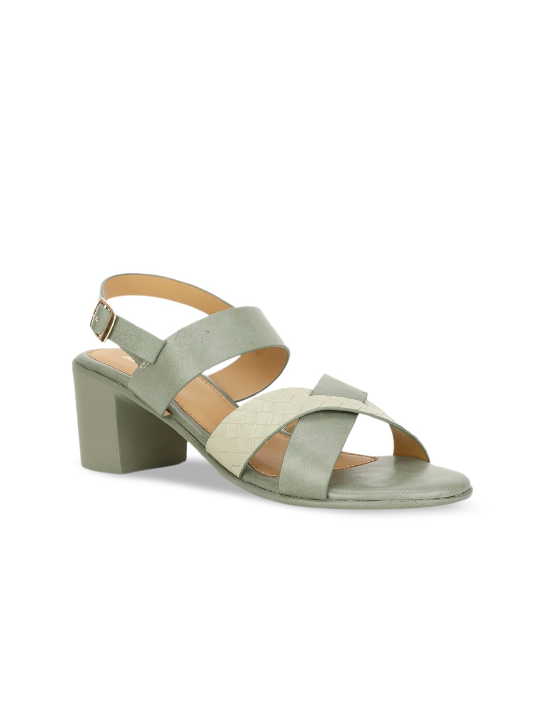 

Bata Textured Cross Strap Block Heels With Buckles Closure, Green
