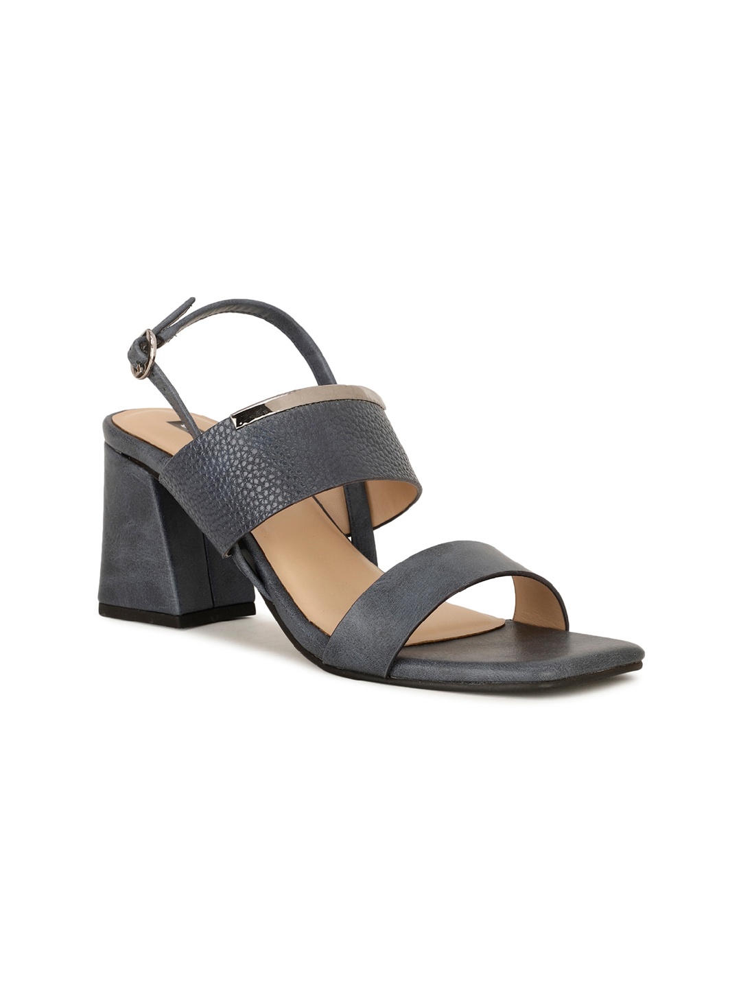 

Bata Textured Open Toe Block Heels With Buckle Closure, Navy blue