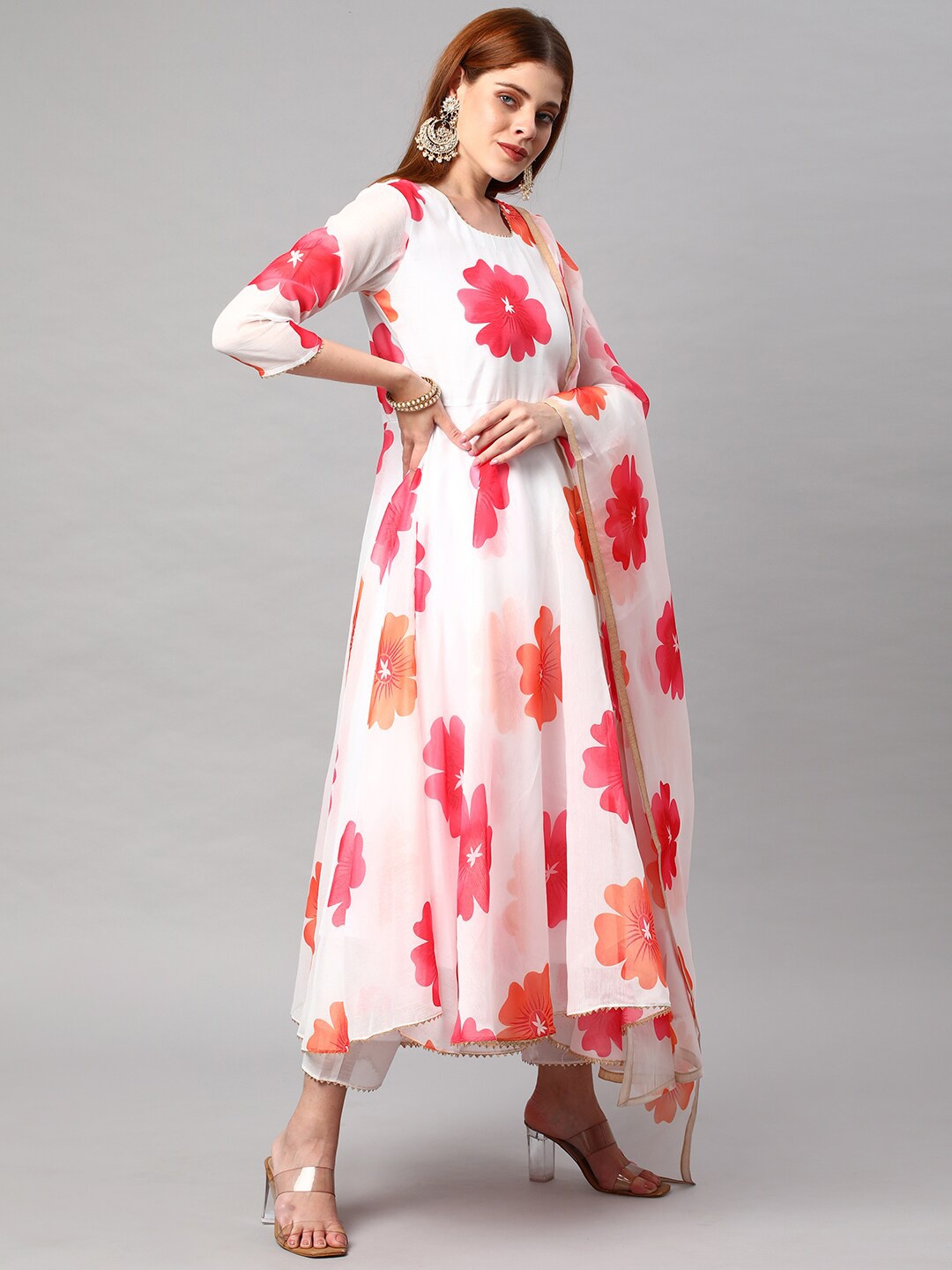 

KALINI Floral Printed Gotta Patti Chanderi Cotton Kurta & Trousers With Dupatta, White