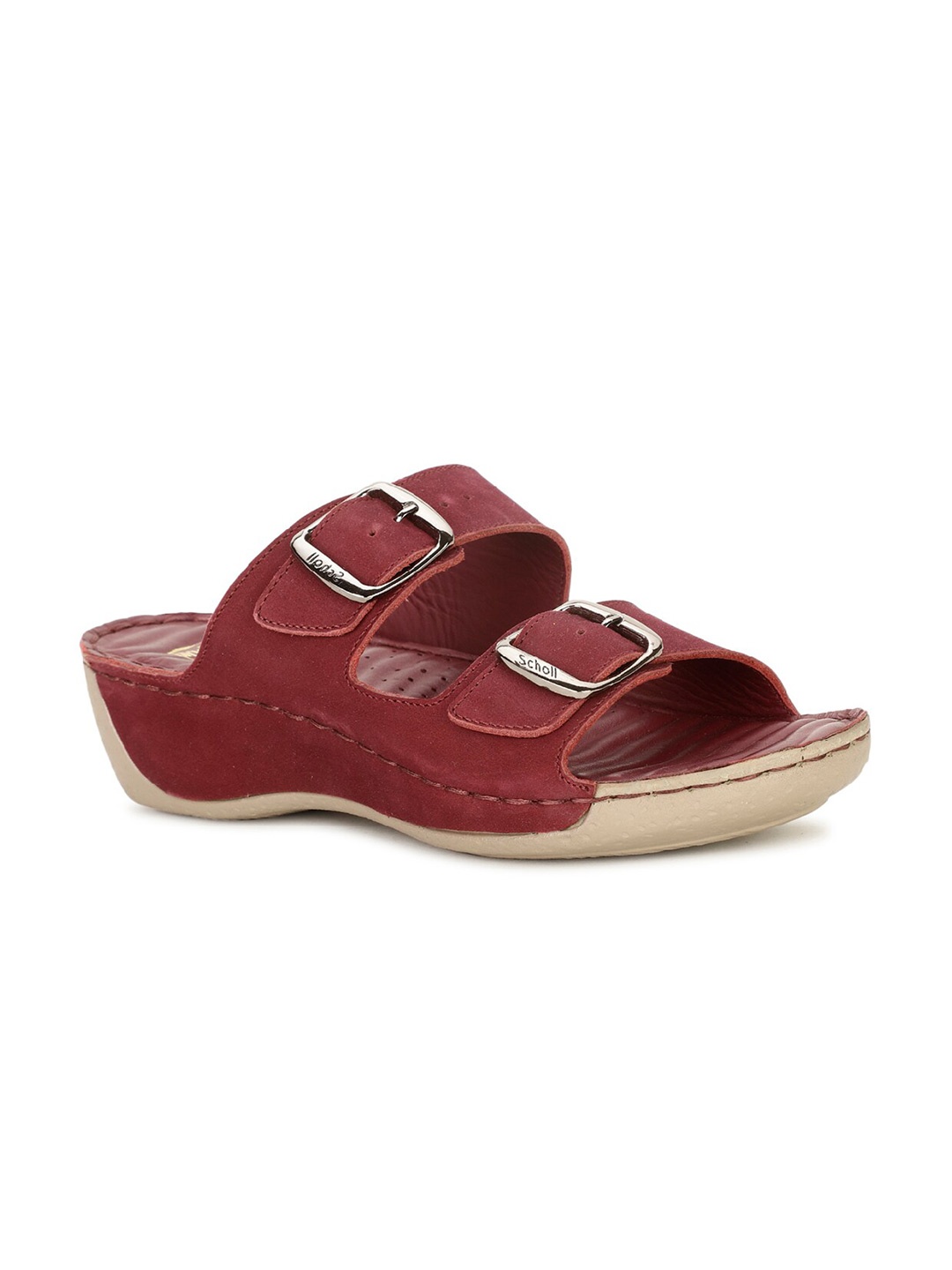 

Scholl Two Strap Leather Wedges With Buckle Detail, Maroon