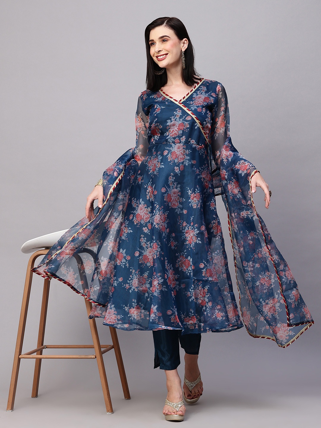 

HERE&NOW Floral Printed Kurta & Trousers With Dupatta, Teal