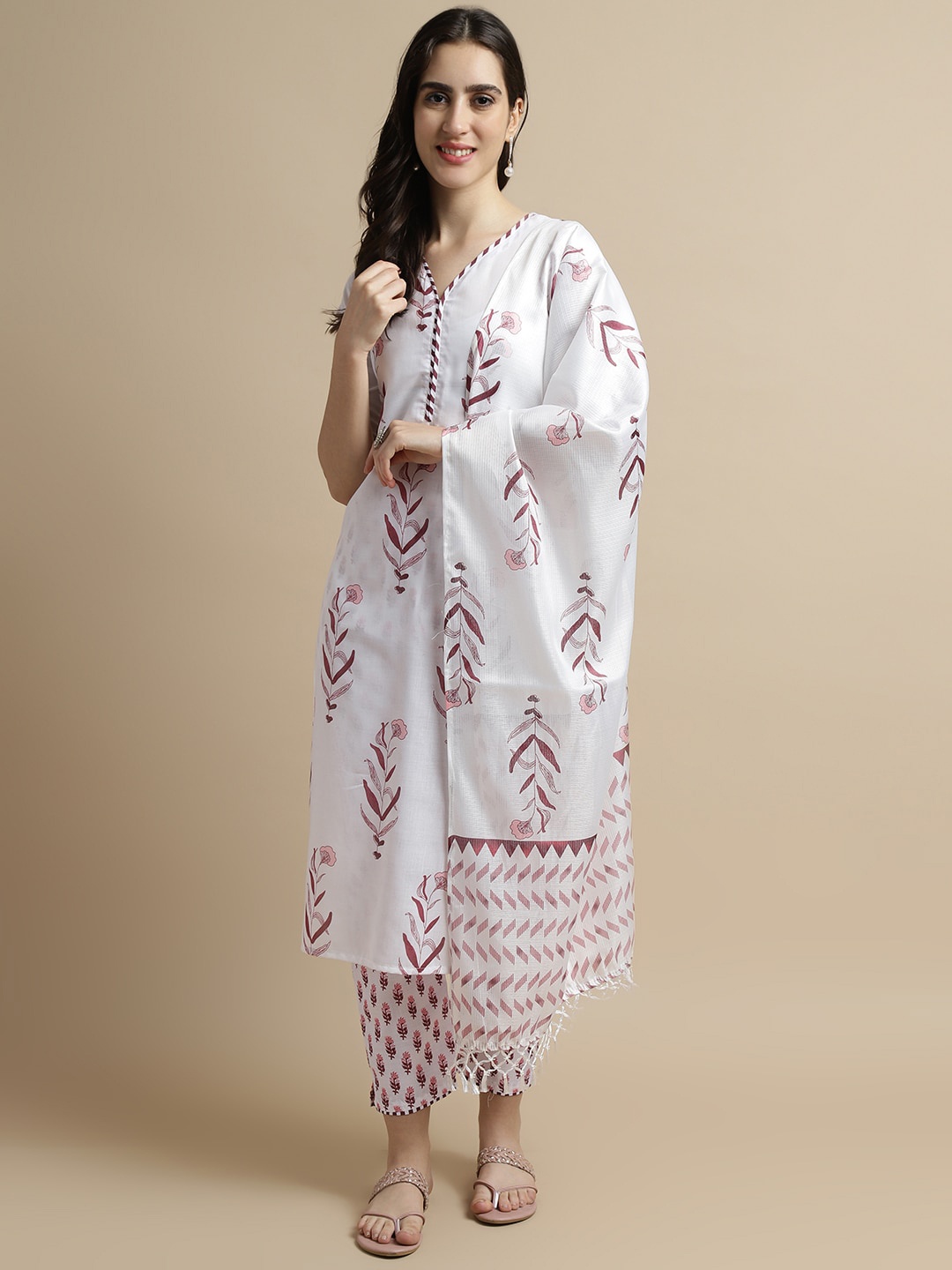 

HERE&NOW Floral Printed Straight Kurta With Trousers & Dupatta, White