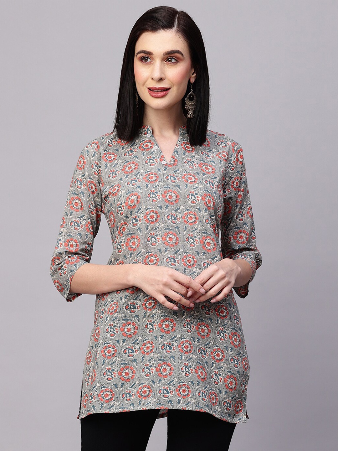 

HERE&NOW Grey Floral Printed Pure Cotton Kurti