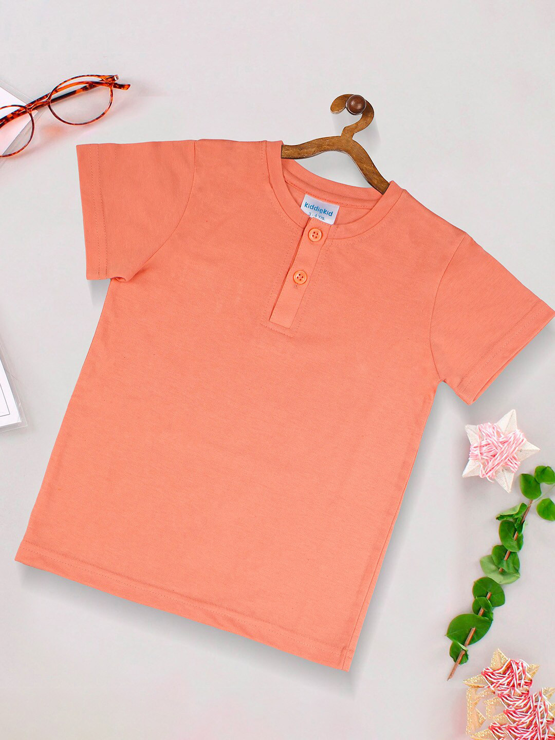 

Kiddiekid Kids Henley Neck Cotton T-shirt, Peach