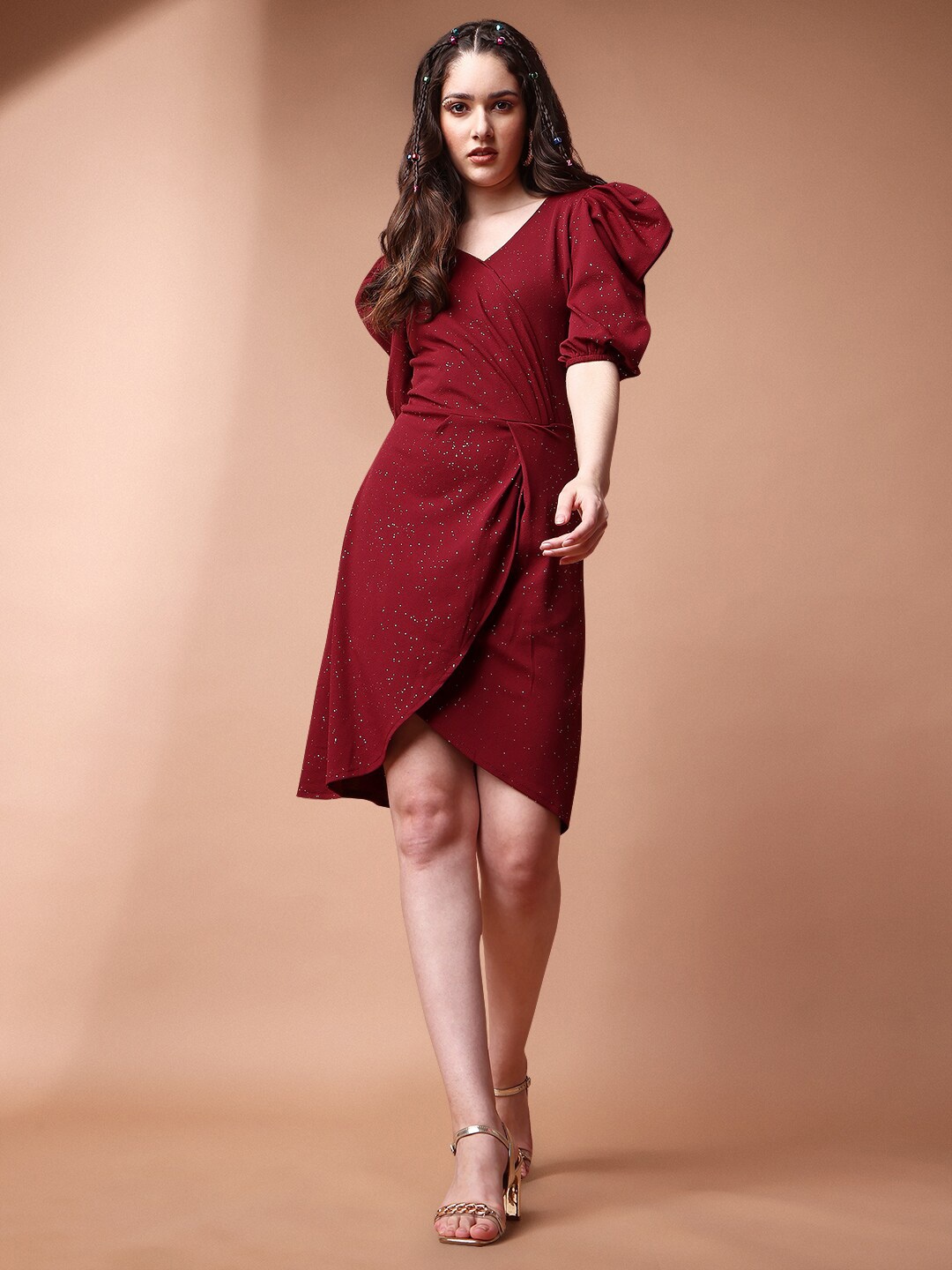 

BAESD V-Neck Puff Sleeves Bling & Sparkly Detail Cotton Sheath Dress, Red