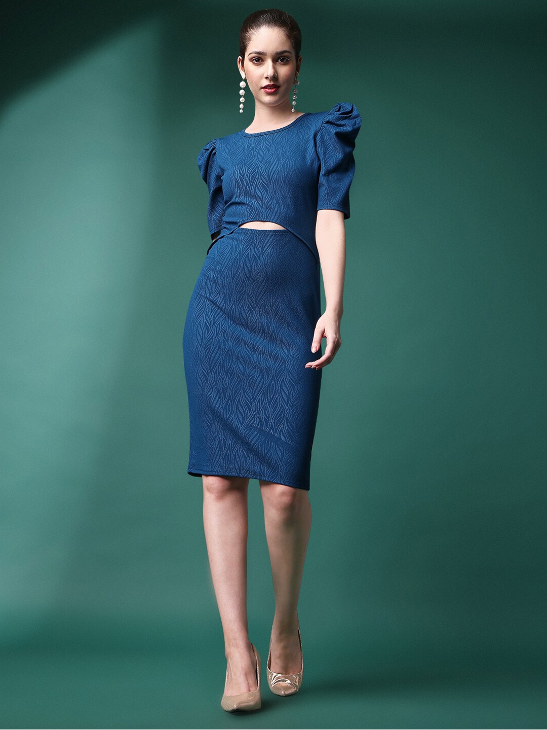 

BAESD Self Design Round Neck Puff Sleeves Cut-Outs Detail Cotton Sheath Dress, Blue