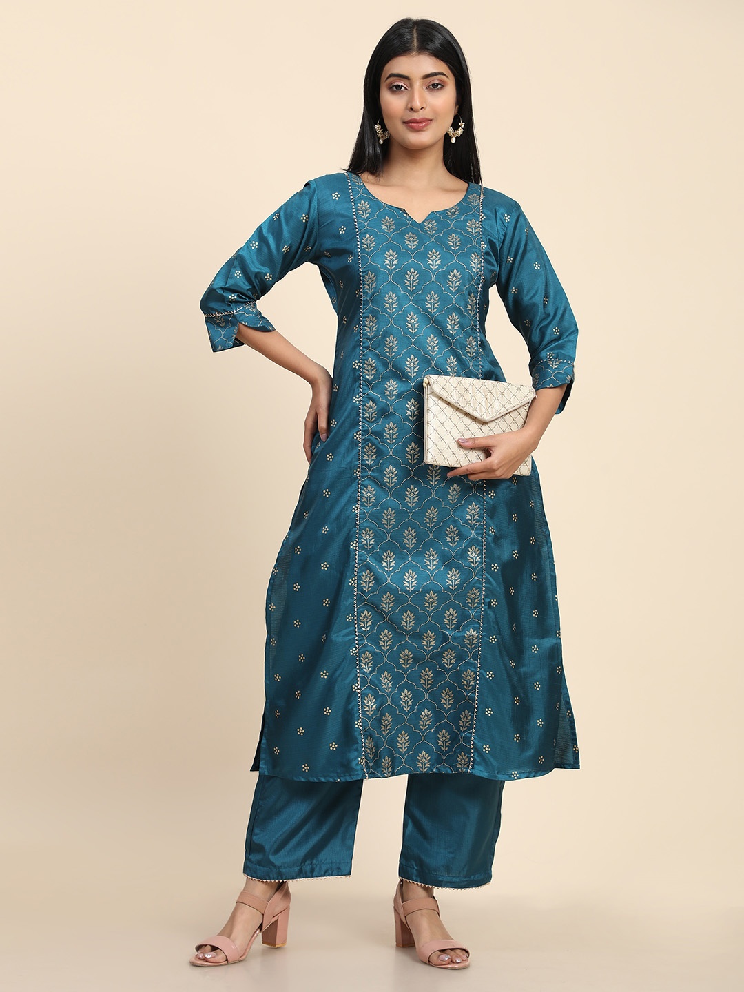 

HERE&NOW Ethnic Motifs Printed Kurta With Trousers, Teal