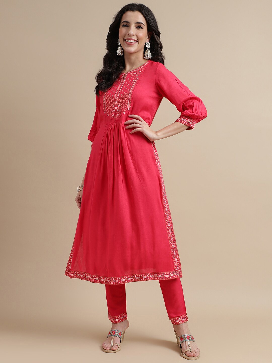 

HERE&NOW Ethnic Motifs Printed Pleated Kurta with Trousers, Pink