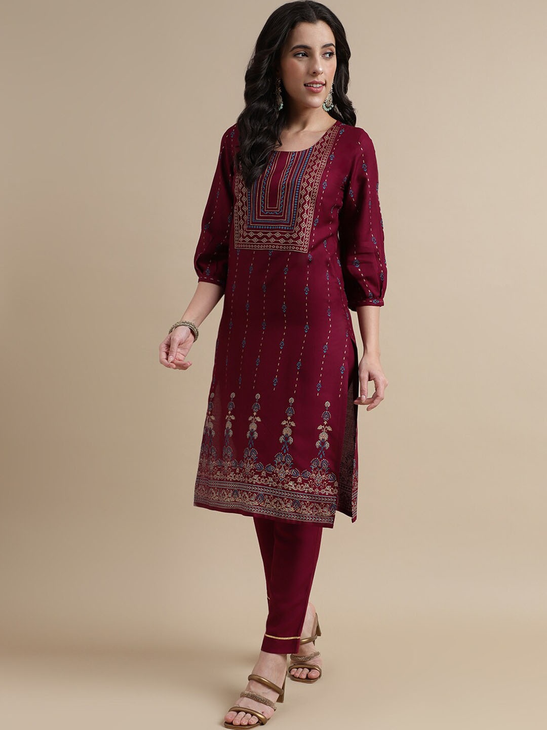 

HERE&NOW Purple Ethnic Motif Foil Printed Regular Kurta With Trousers