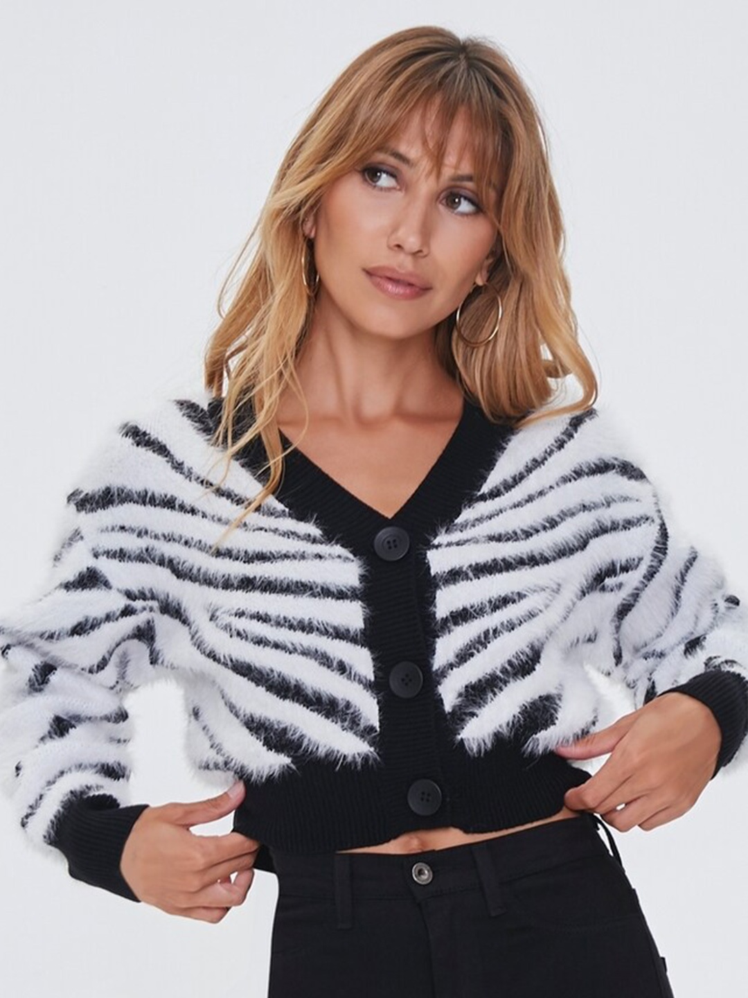 

FOREVER 21 Black & White Striped Crop Cardigan With Fuzzy Detail
