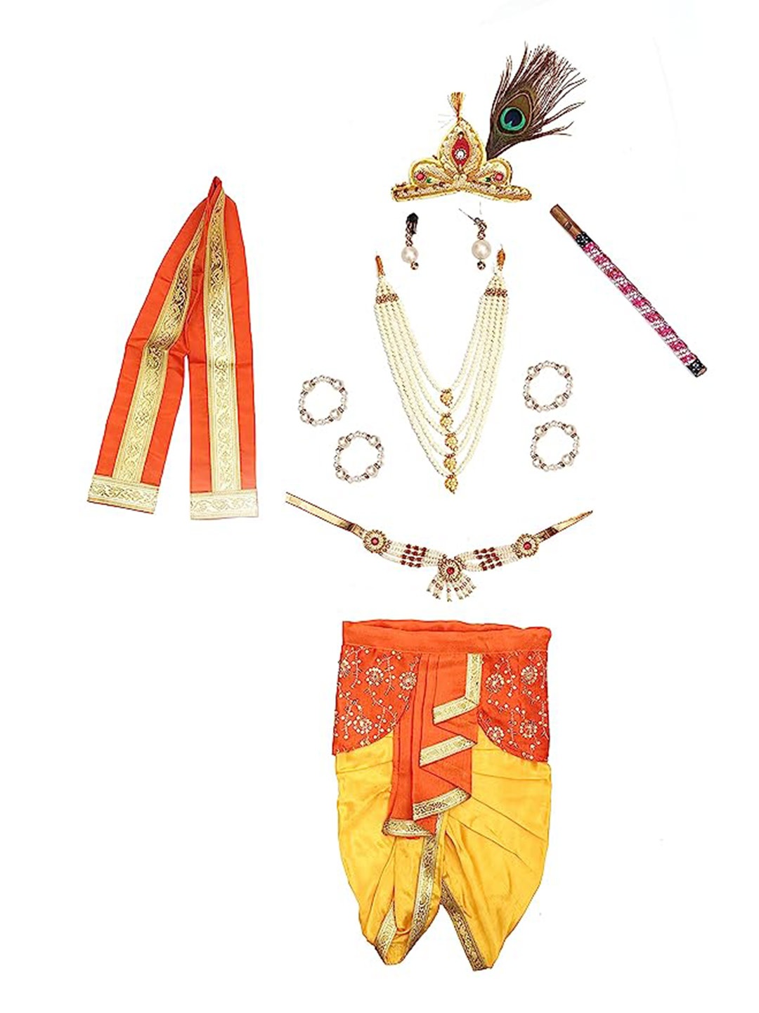 

RAJ FANCY DRESSES Kids Shri Krishna Clothing Set With Accessories, Orange